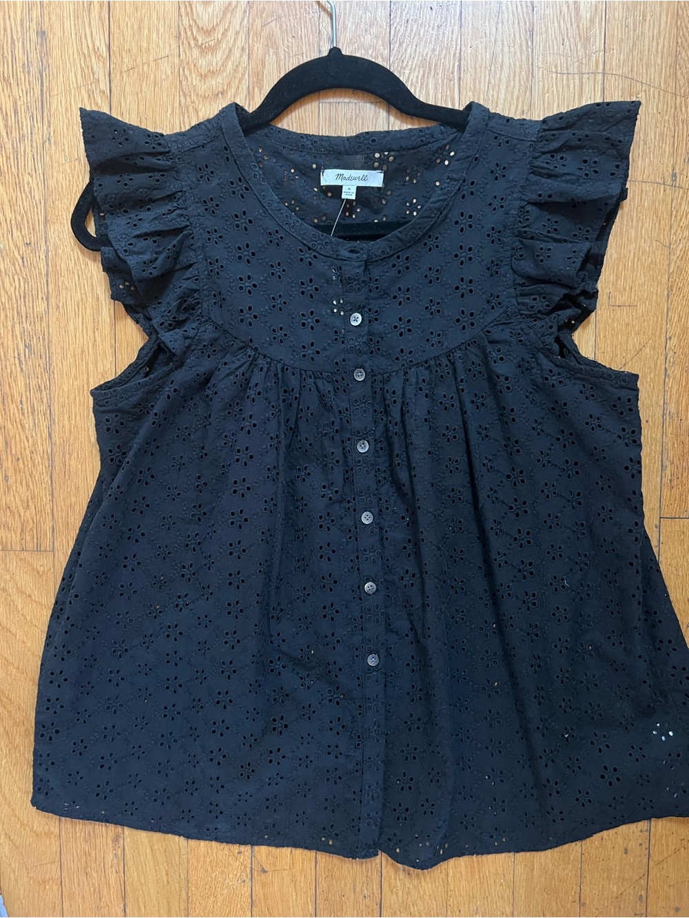 Madewell Black Eyelet Ruffle-Sleeve Button Front Top, NWT - Picture 2 of 3